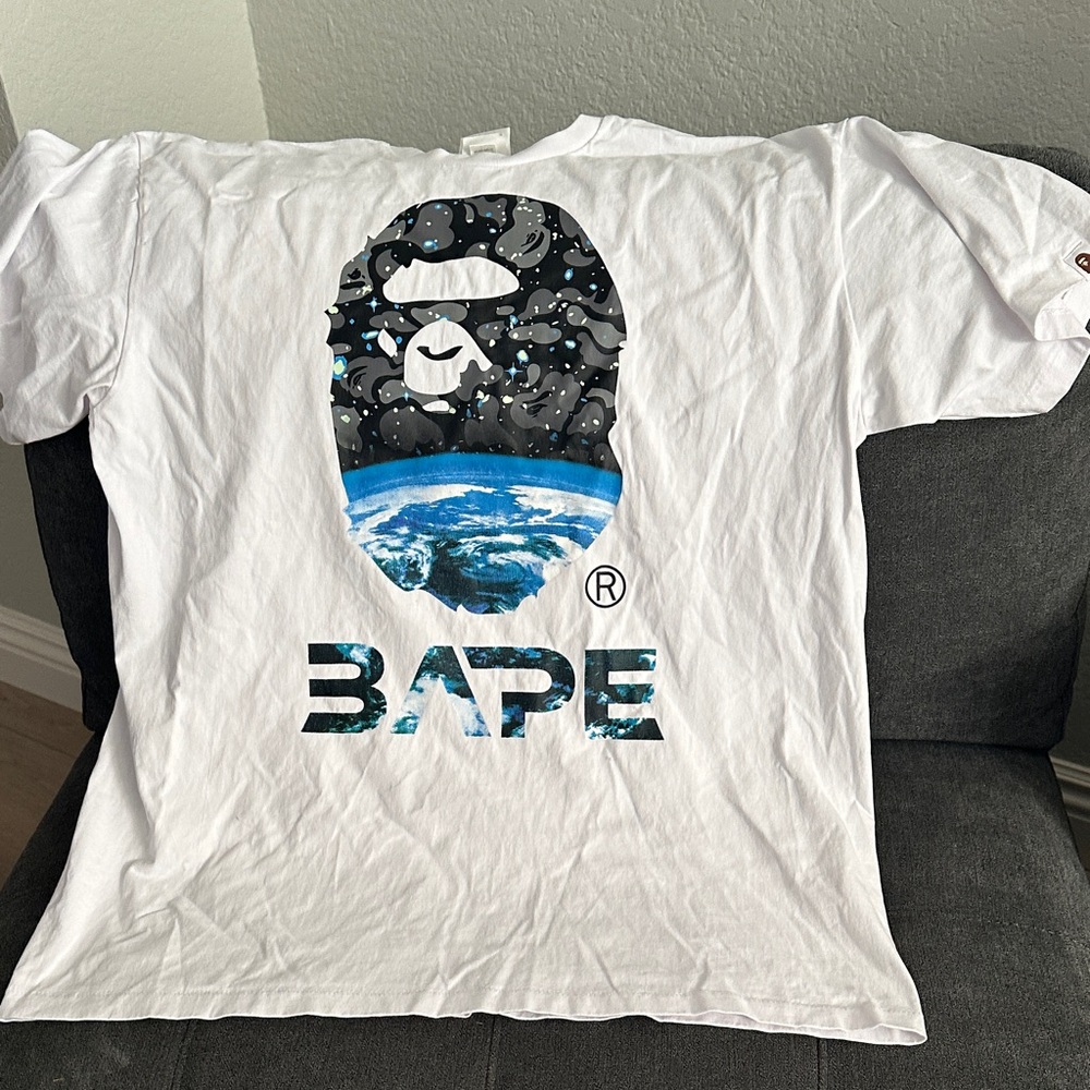 Bape White Tee with Blue and Black Graphic